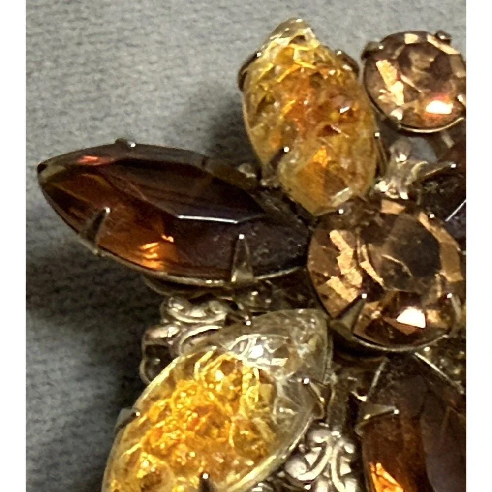 Vintage Warm Tone Rhinestone Floral Brooch Amber Cream Soda Crushed Ice Glass